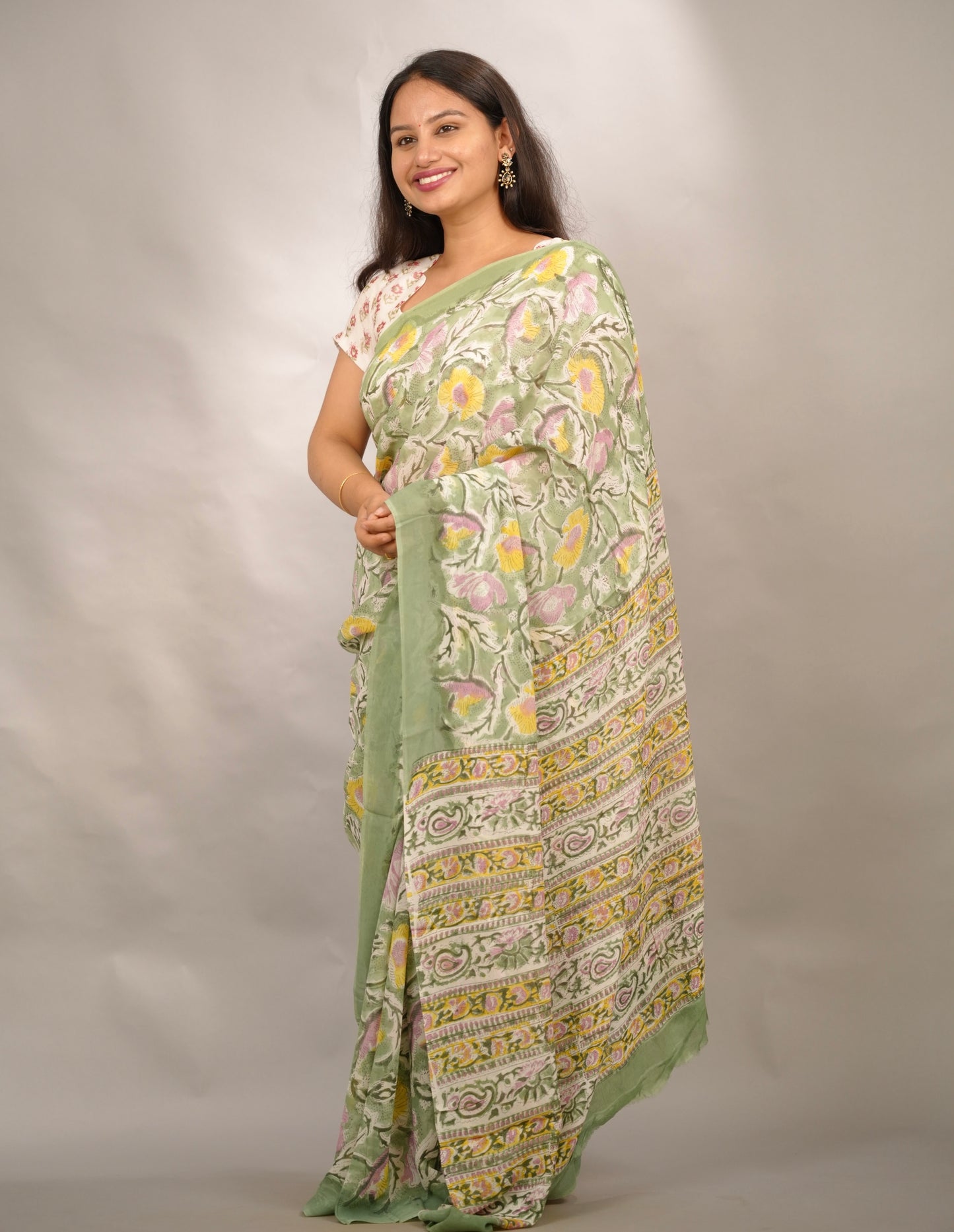 Green Georgette Hand Block Printed Saree| Looms & Tassels