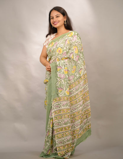 Green Georgette Hand Block Printed Saree| Looms & Tassels