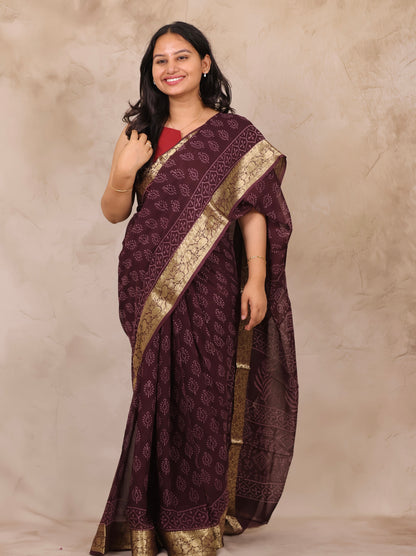 Coffee Brown Chiffon Hand Block Printed Saree with Jari Border | Looms & Tassels