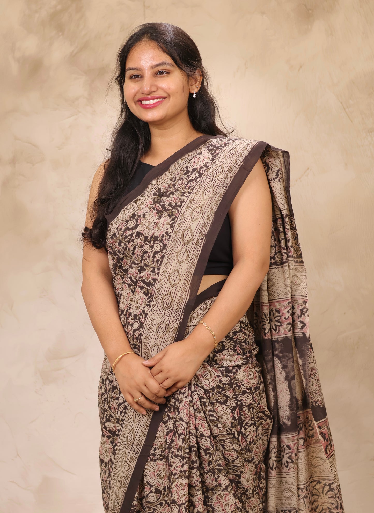 Black Hand Block Printed Kalamkari Cotton Saree | Looms & Tassels