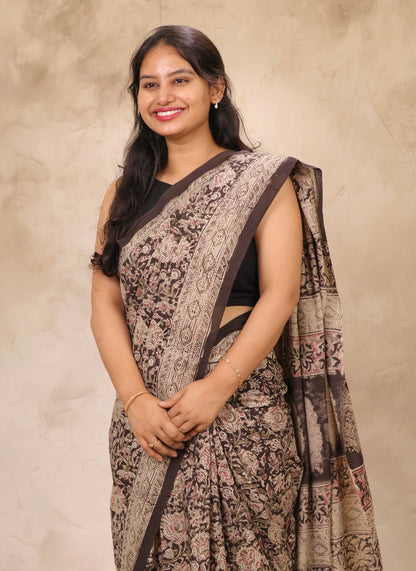 Black Hand Block Printed Kalamkari Cotton Saree | Looms & Tassels