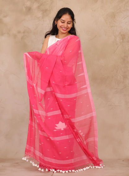 Pink Handwoven Malai Cotton Saree| Looms & Tassels