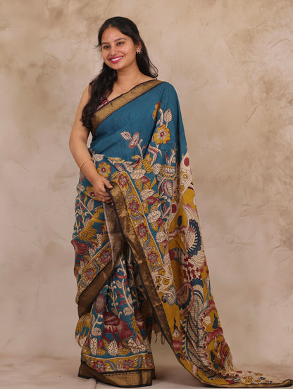 Blue Floral Kalamkari Nizam Border Chennur Silk Saree | Looms & Tassels