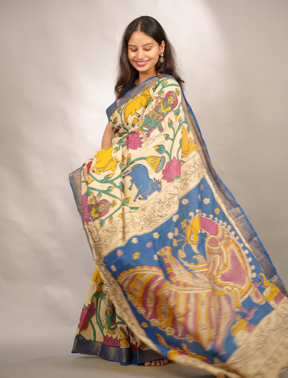Cream Kalamkari Nizam Border Chennur Silk Saree | Looms & Tassels