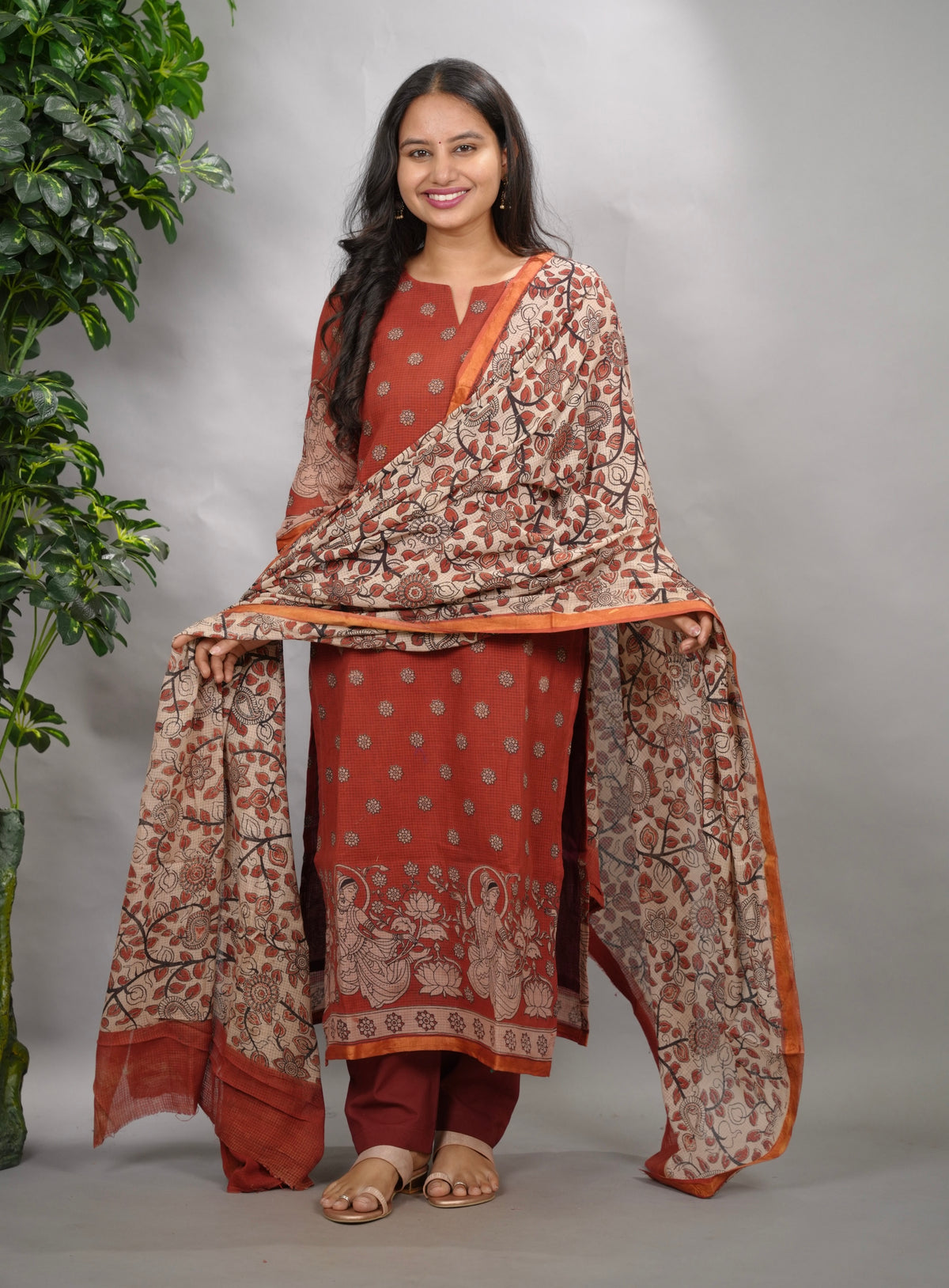 Maroon Kalamkari Kota Cotton 3 piece suit (stitched) | Looms & Tassels