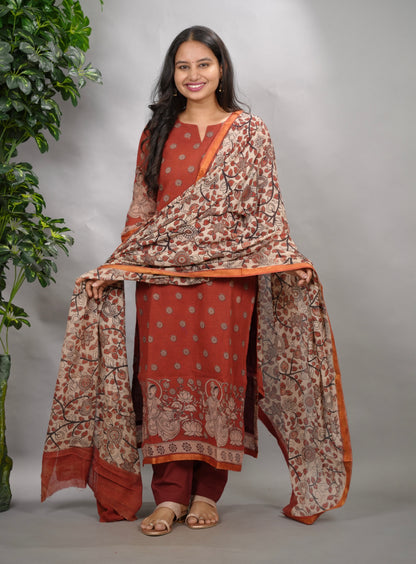 Maroon Kalamkari Kota Cotton 3 piece suit (stitched) | Looms & Tassels