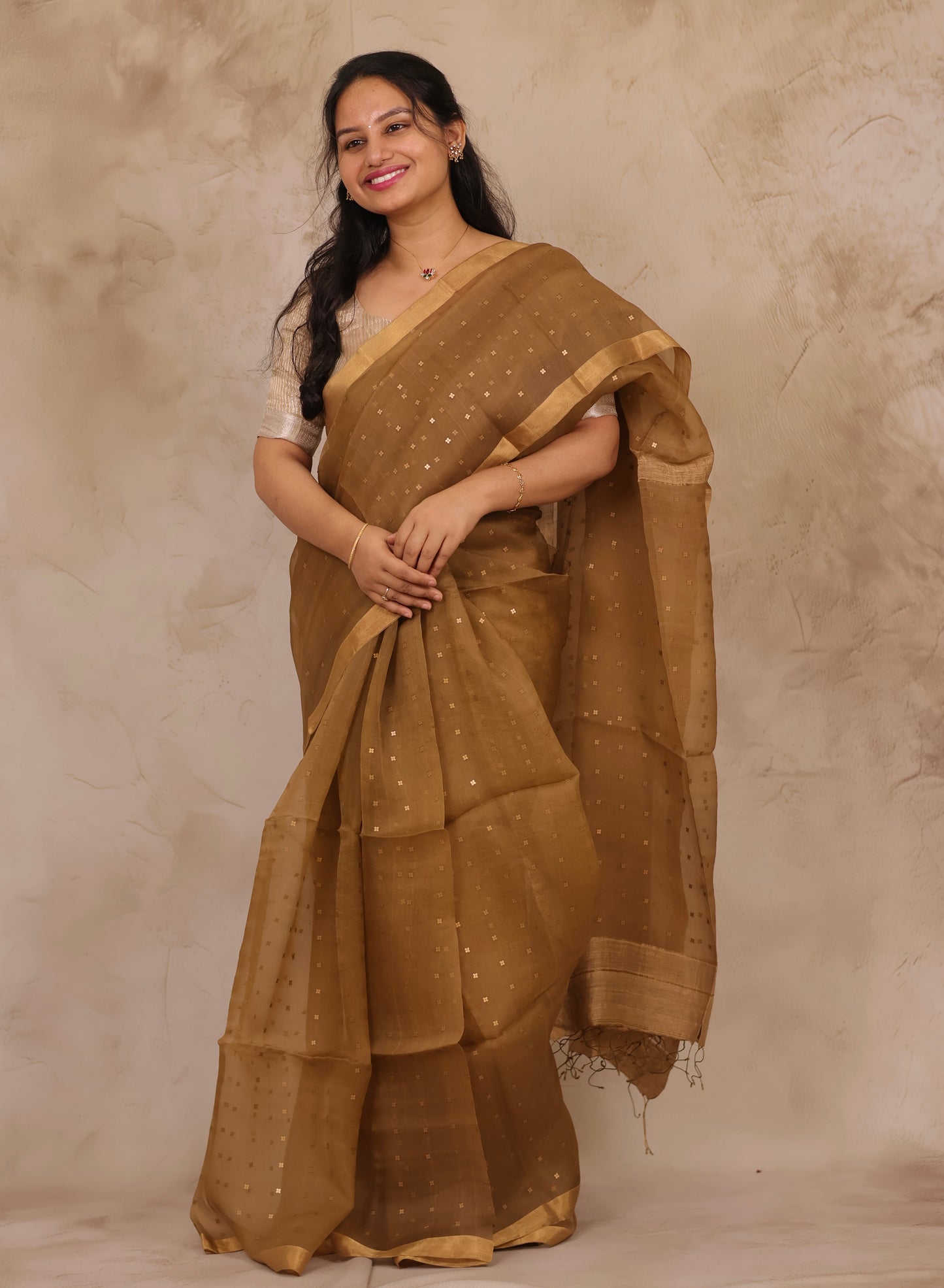 Mustard Brown Handwoven Muslin Silk Saree With Sequence Work | Looms & Tassels