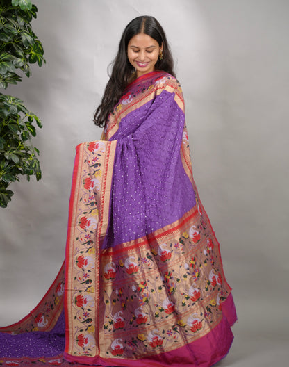 Lavender Handcrafted Bandhani Paithani Dola Silk Saree | Looms & Tassels