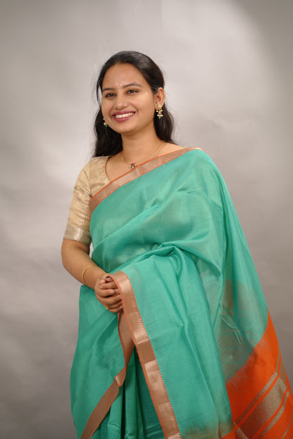 Sea Green & Orange Handloom Mangalagiri Silk Saree| Looms & Tassels