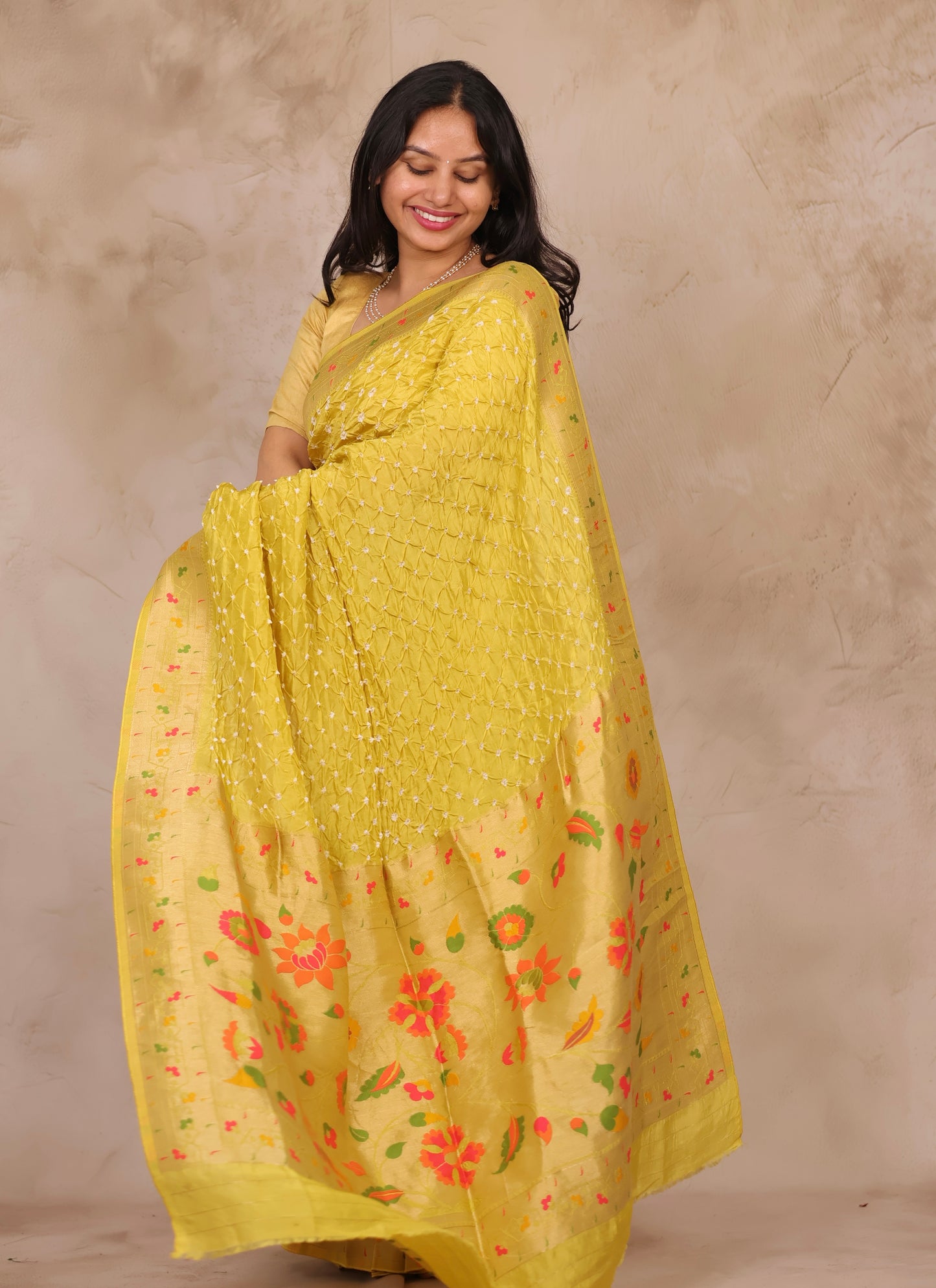 Lemon Yellow Handcrafted Bandhani Paithani Dola Silk Saree | Looms & Tassels