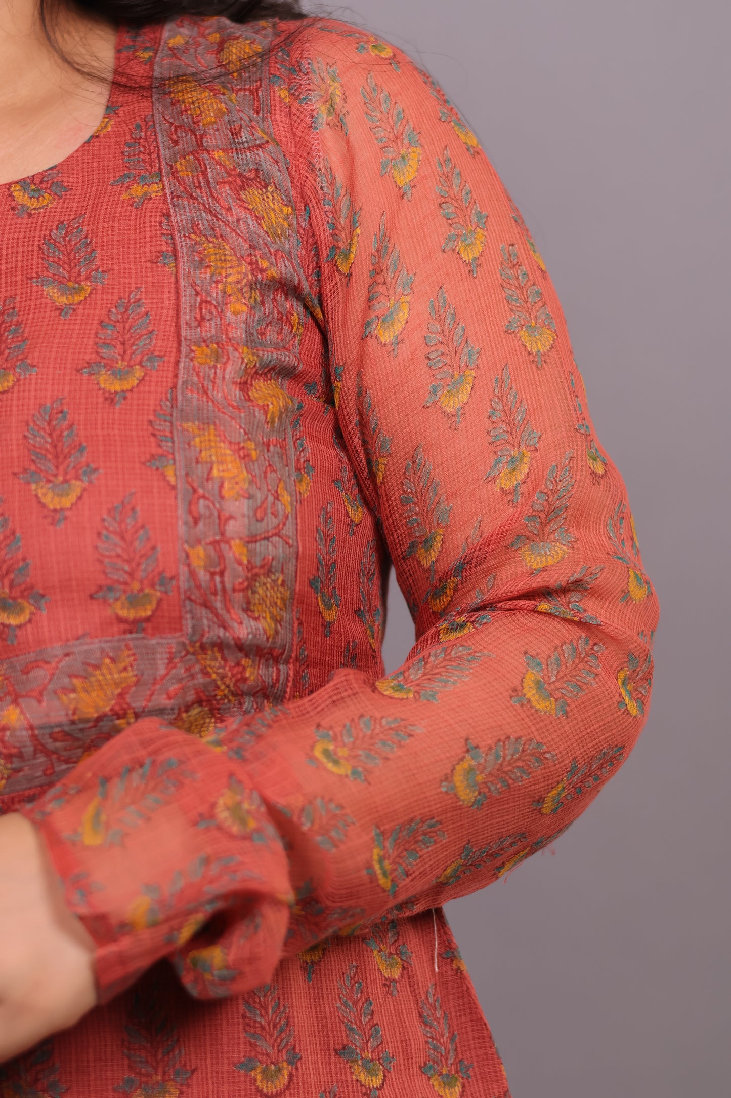 Rust orange Handblock printed kota 3 piece suit with chudi sleeves (stitched)