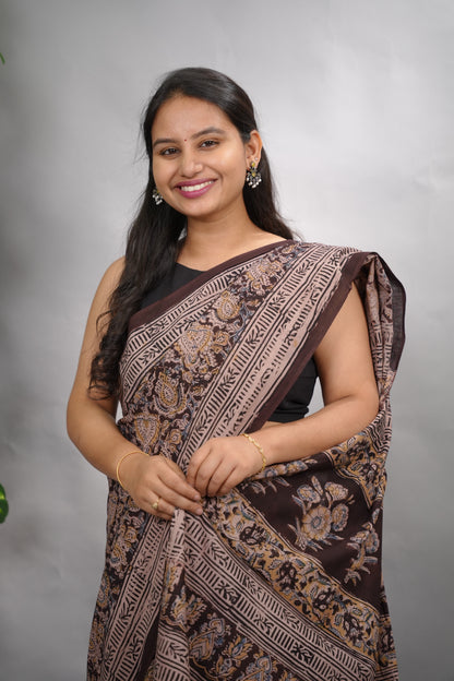 Brown Hand Block Printed Kalamkari Cotton Saree | Looms & Tassels