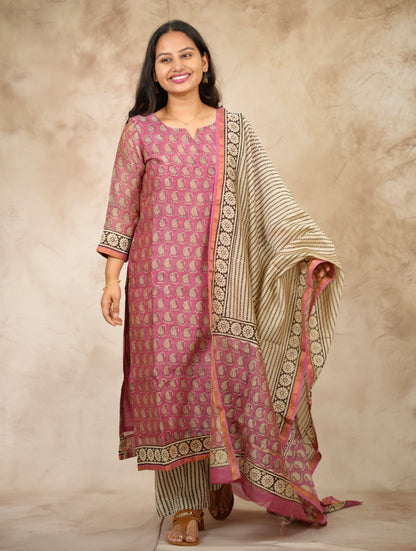 Pink Handblock printed Pure Chenderi Silk 3 piece suit (stitched) | Looms & Tassels
