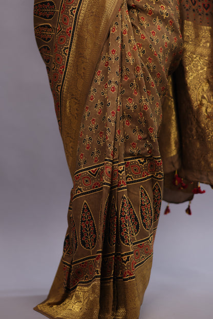 Antique Olive Brown Flower Butta Authentic Ajrakh Hand Block printed Dola Silk Saree | Looms & Tassels