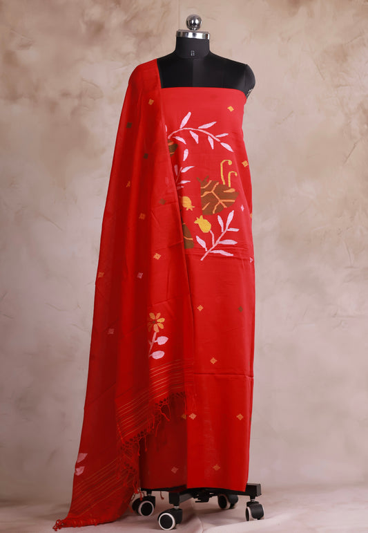 Red Handwoven Jamdhani weaving pure Malai cotton 2 piece suit sets | Looms & Tassels
