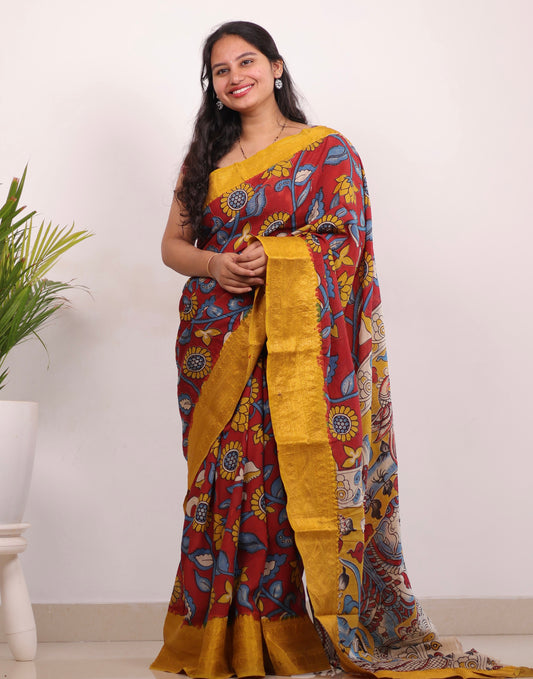 Red Kanchi border Kalamkari chennur silk saree