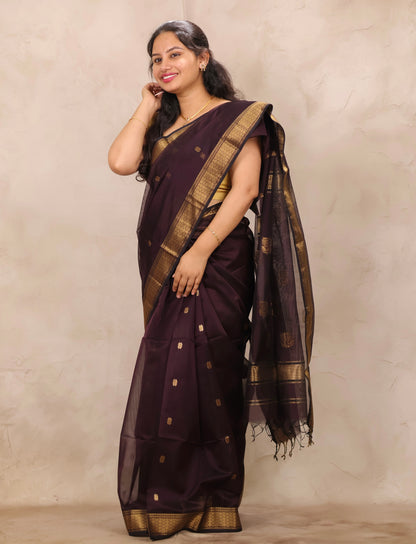 Chocolate Brown Handloom Maheswari Silk Cotton Sarees | Looms & Tassels