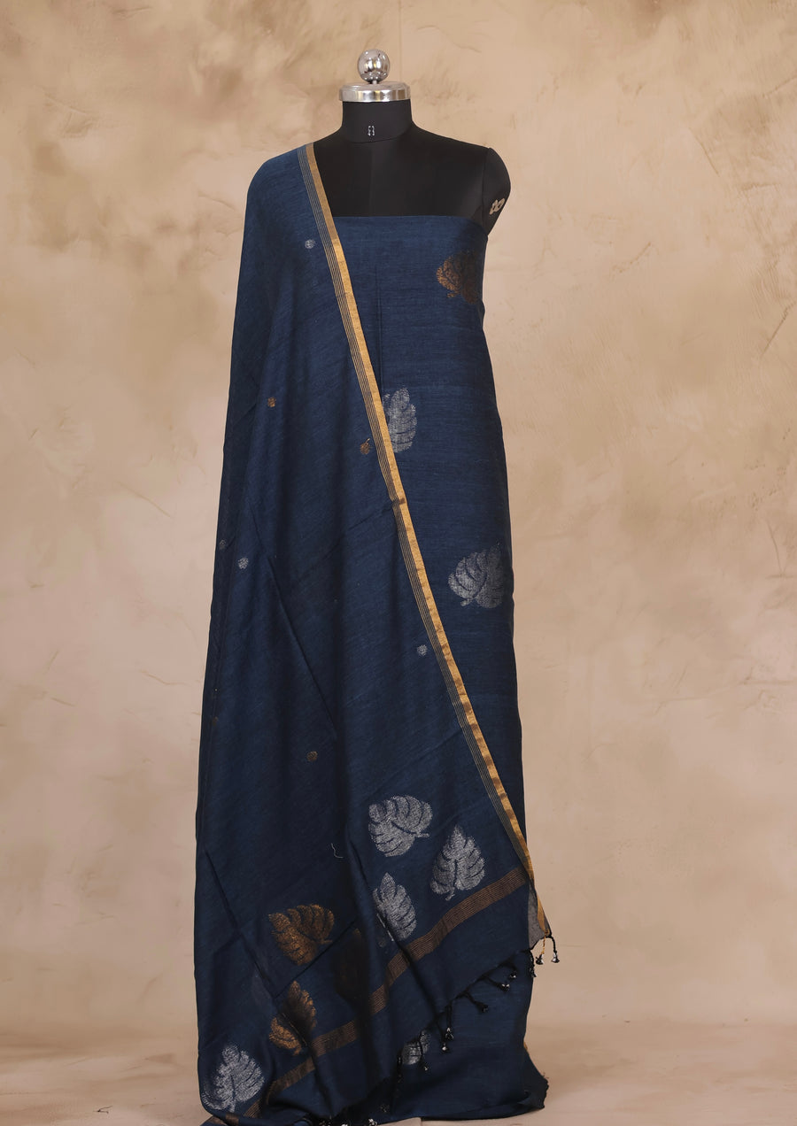 Blue Handwoven Jamdhani weaving pure Linen 2 piece suit sets | Looms & Tassels