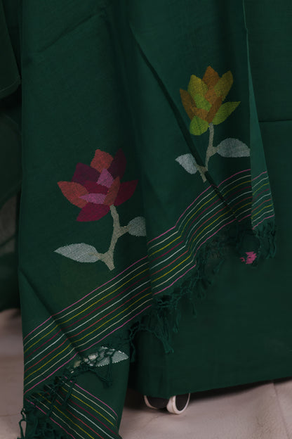 Green Handwoven Jamdhani weaving pure Malai cotton 2 piece suit sets | Looms & Tassels