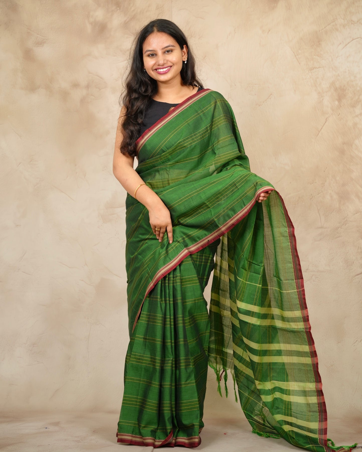 Green Narayanpet Cotton Saree lines weaving | Looms & Tassels