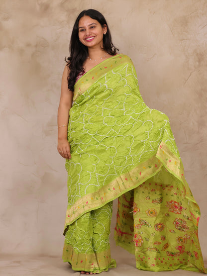 Pista Green Handcrafted Pattern Bandhani Paithani Dola Silk Saree | Looms & Tassels