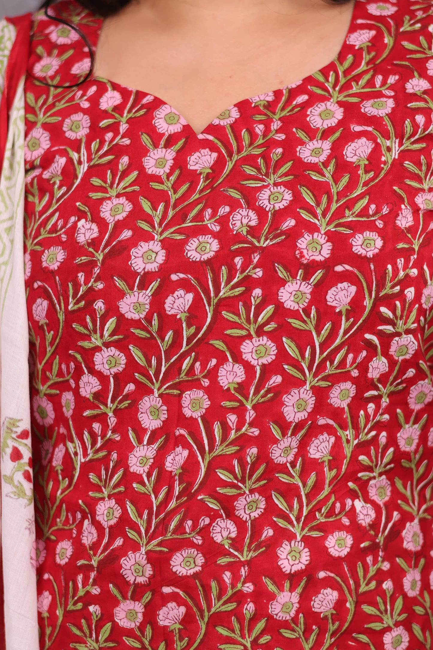 Red Floral Handblock printed Pure Mul Cotton with Mul Cotton Duppata 3 piece suit In Chudi Sleeves (stitched)