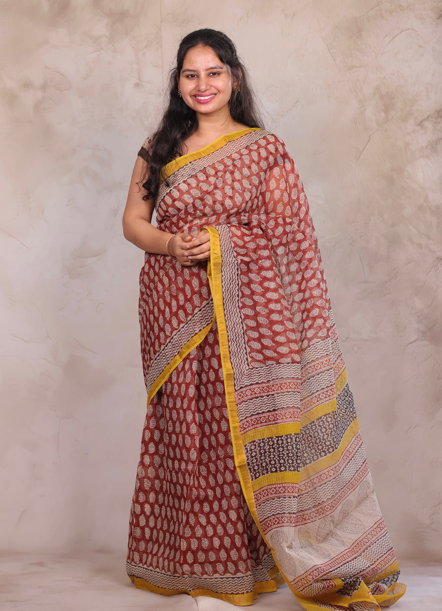 Maroon Pure Kota Doria Saree with Bagru Handblock Prints | Looms & Tassels