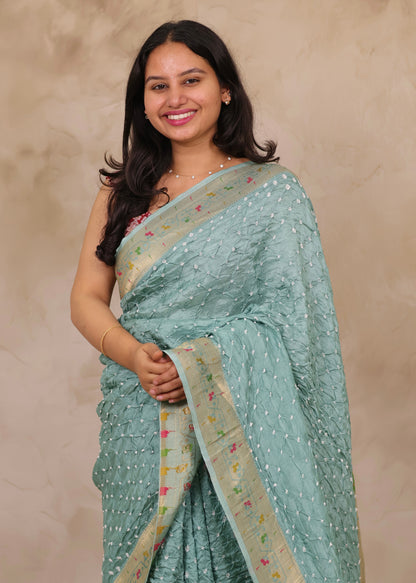 Sea Green Handcrafted Bandhani Paithani Dola Silk Saree | Looms & Tassels