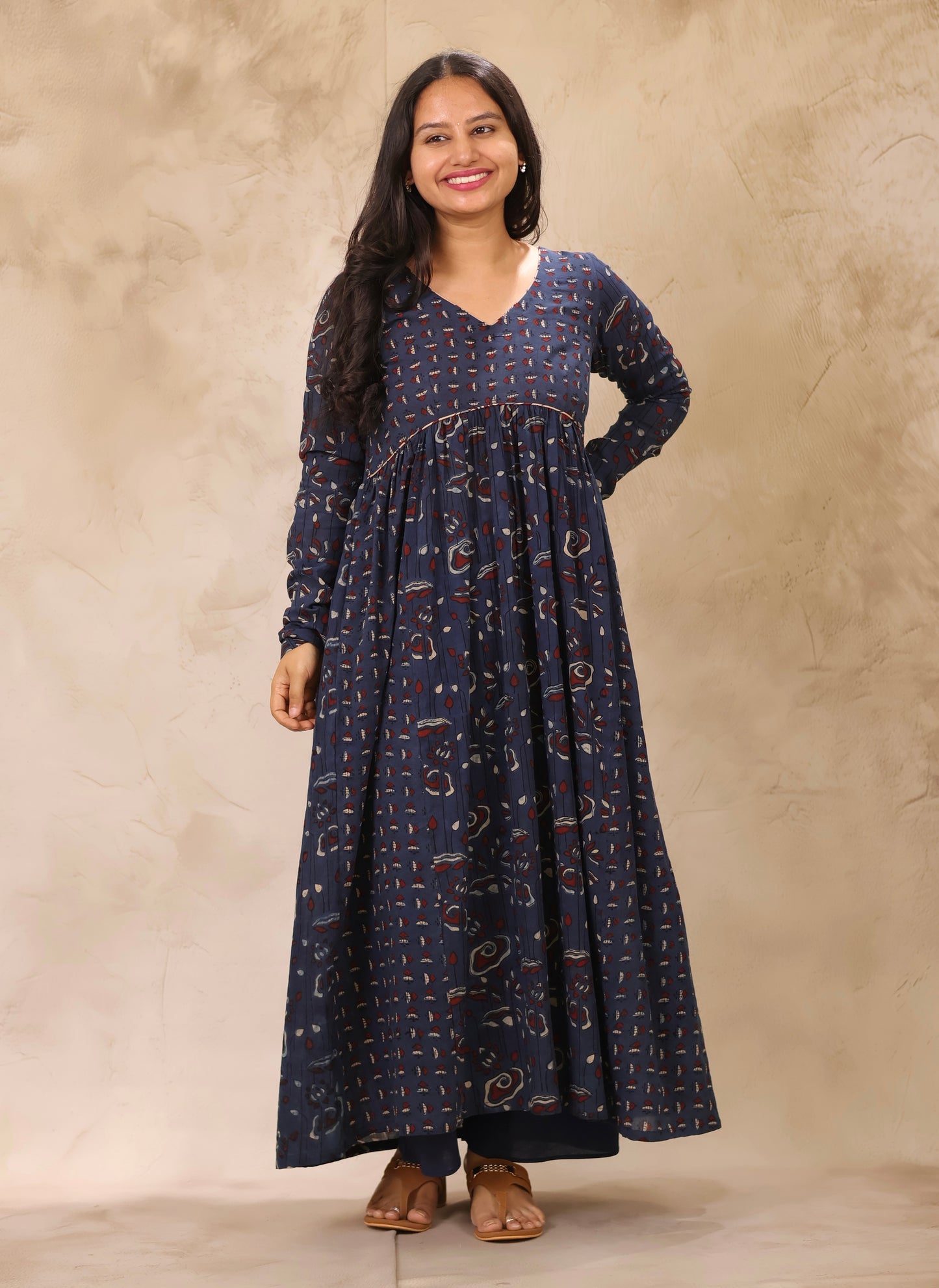 Indigo Ajrakh Hand Block Printed Pure Mul Cotton Aline Kurta | Looms & Tassels