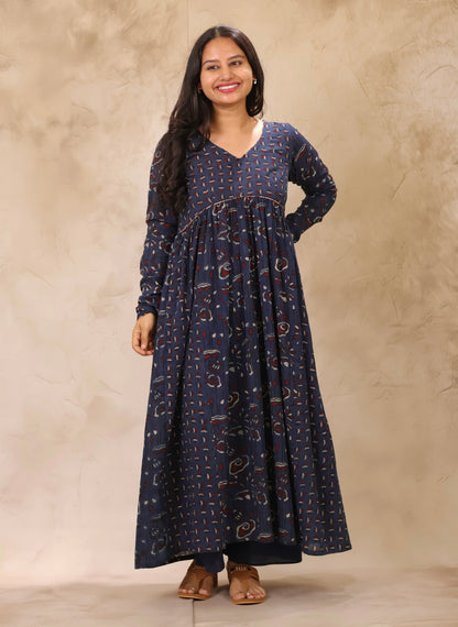 Indigo Ajrakh Hand Block Printed Pure Mul Cotton Aline Kurta | Looms & Tassels