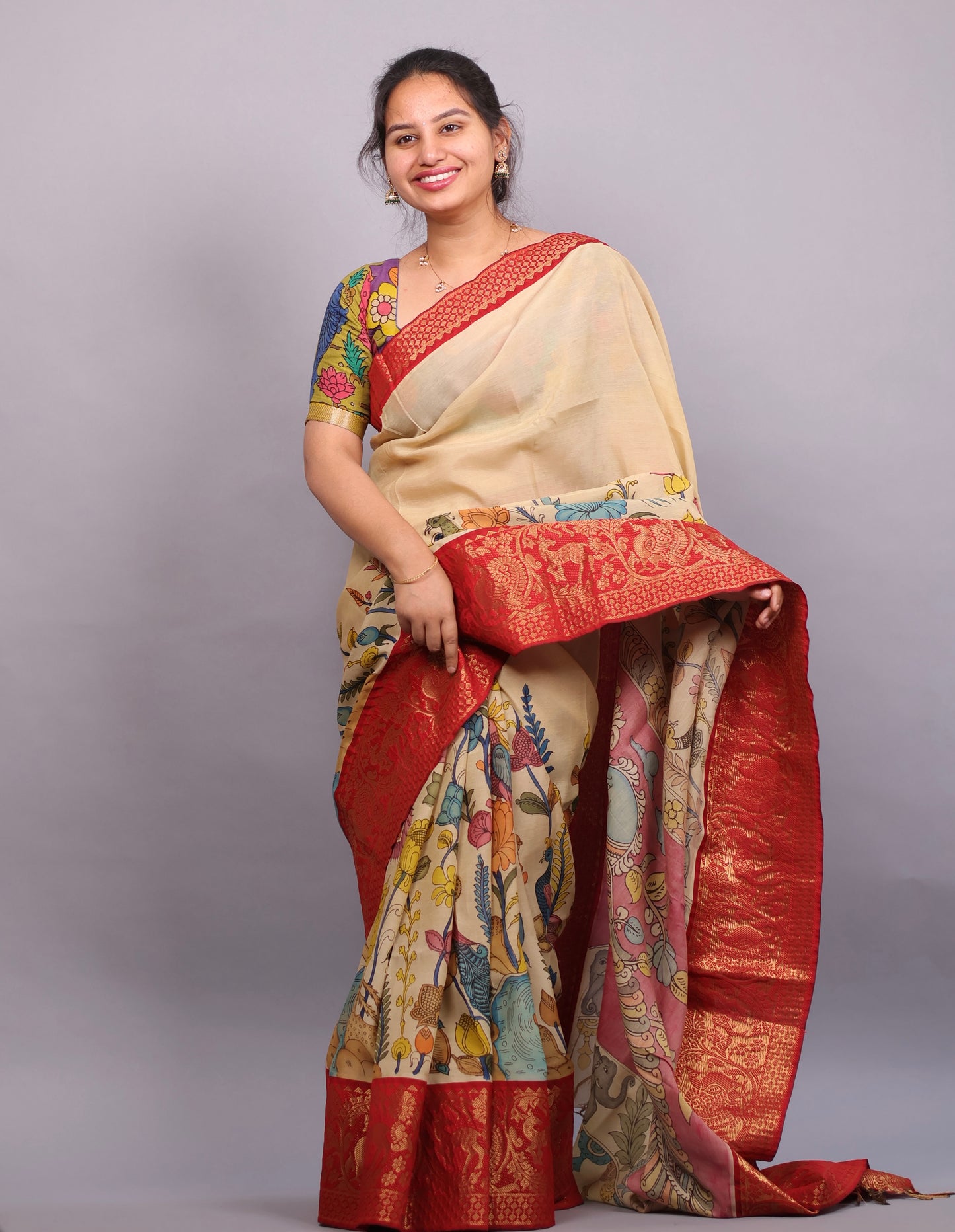 Cream Hand Painted Pen Kalamkari Silk Saree