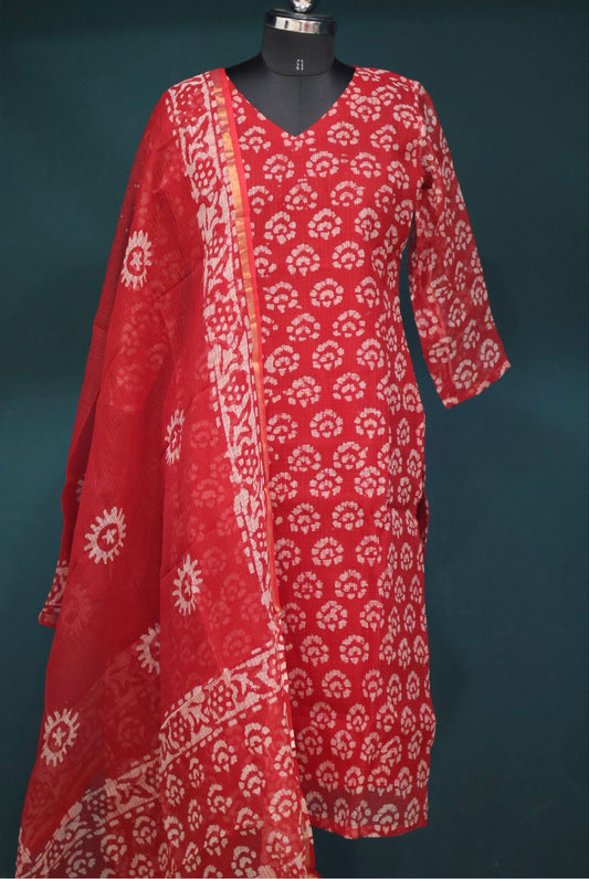Red Handblock printed kota 3 piece suit (stitched)