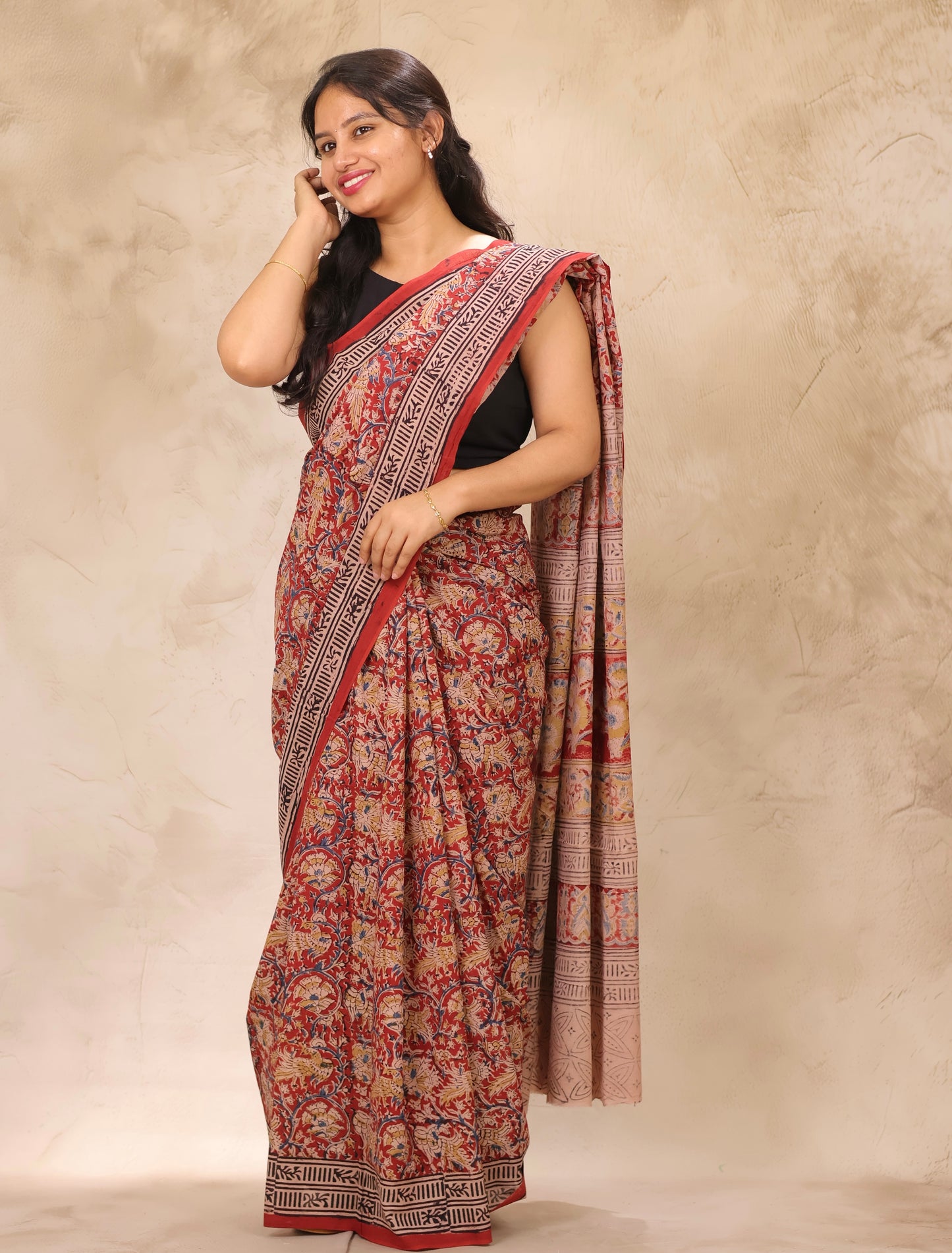 Maroon Hand Block Printed Kalamkari Cotton Saree | Looms & Tassels