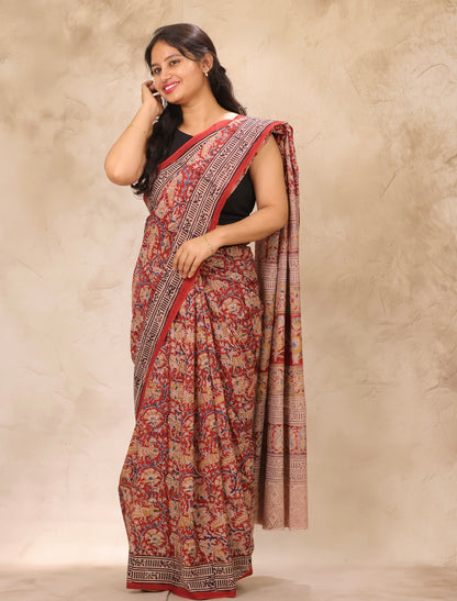Maroon Hand Block Printed Kalamkari Cotton Saree | Looms & Tassels