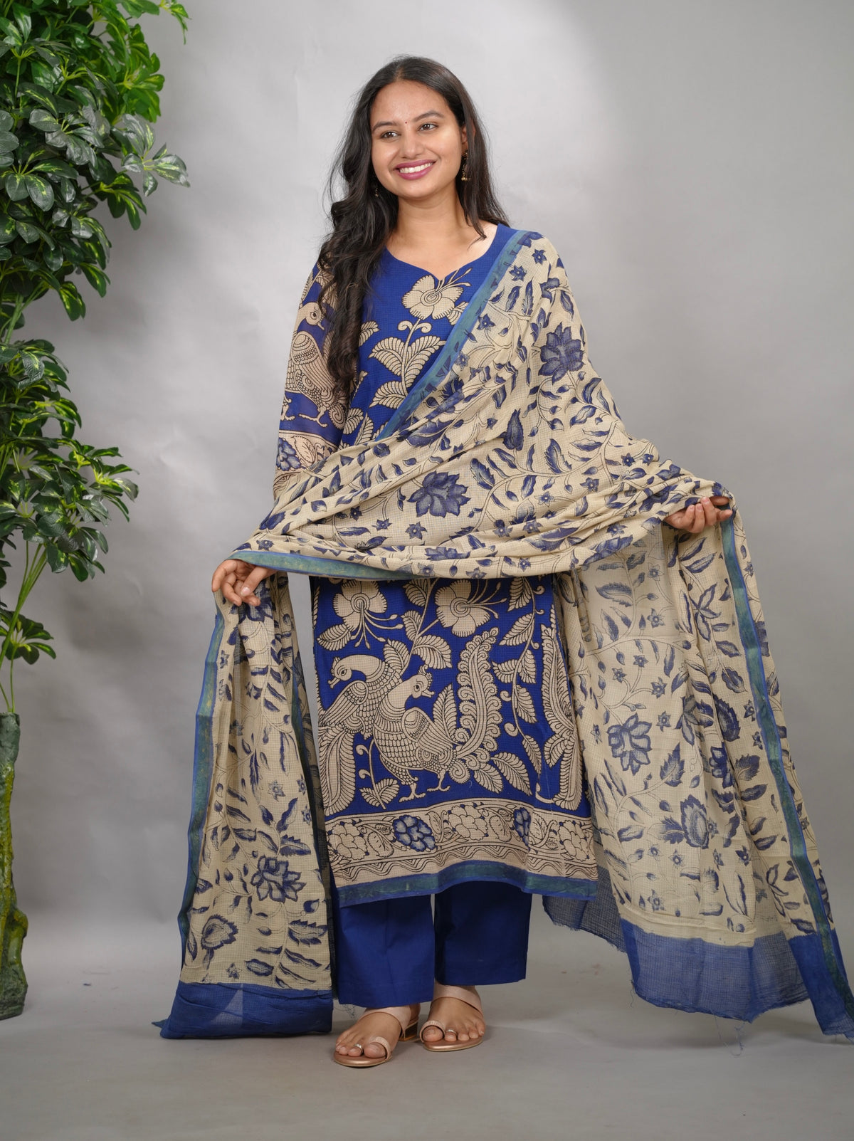 Blue Kalamkari Kota Cotton 3 piece suit (stitched) | Looms & Tassels