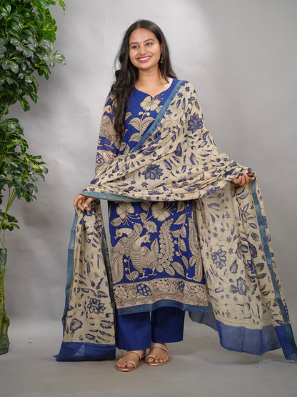 Blue Kalamkari Kota Cotton 3 piece suit (stitched) | Looms & Tassels
