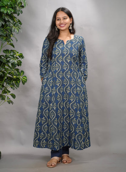 Indigo Ajrakh Cotton Kali Kurta | Looms & Tassels