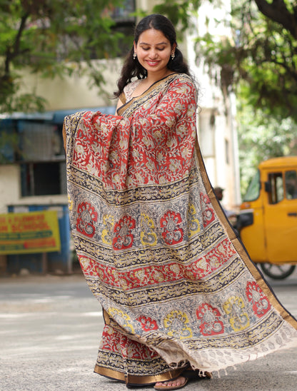 Red Hand Block Printed Kalamkari Nizam Border Silk Sare