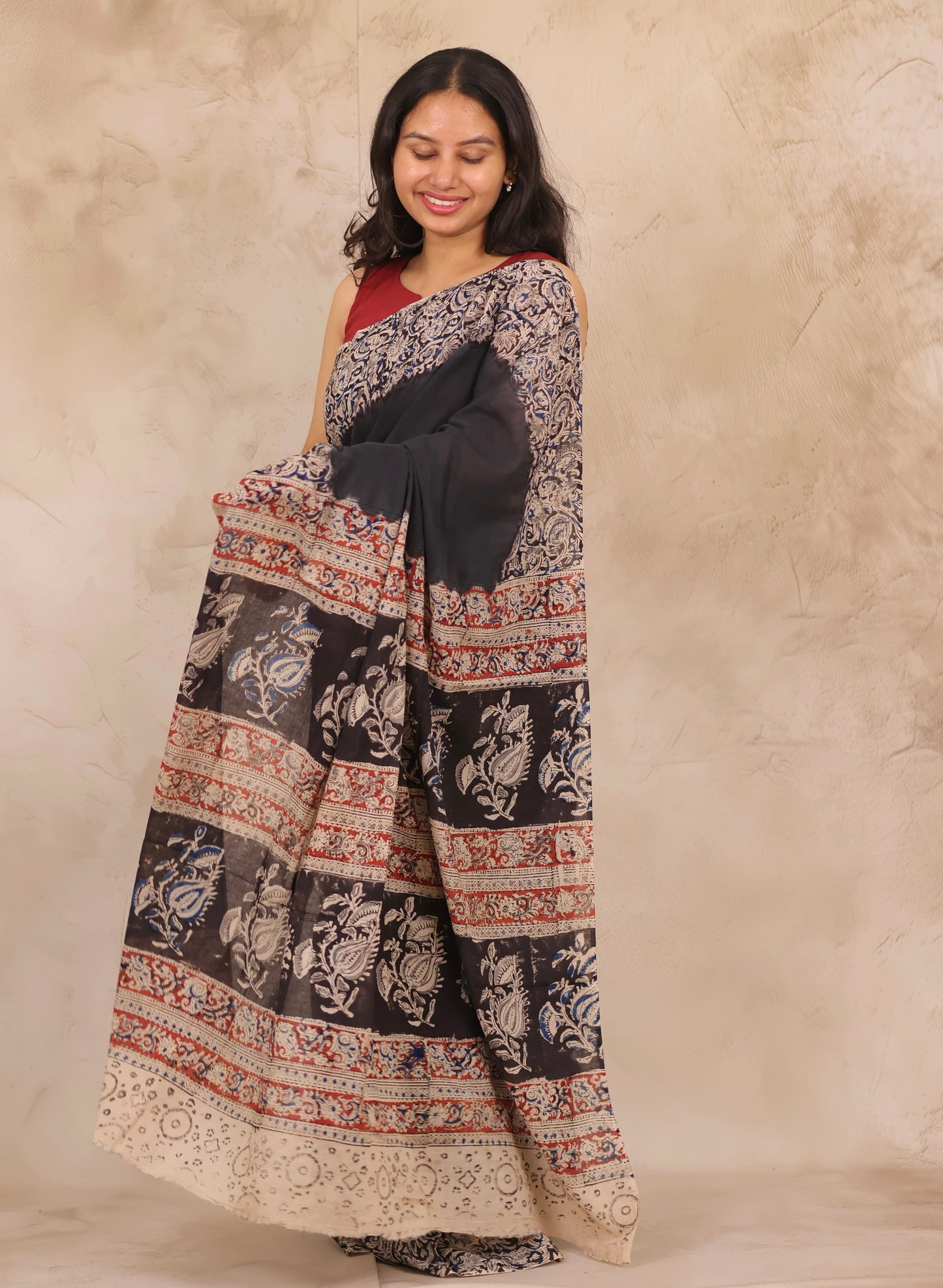 Black Hand Block Printed Kalamkari Cotton Saree | Looms & Tassels