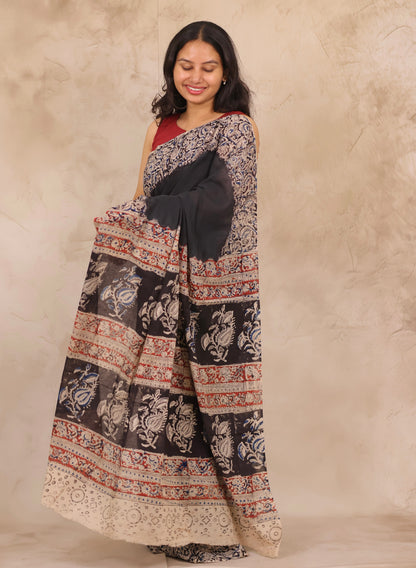Black Hand Block Printed Kalamkari Cotton Saree | Looms & Tassels
