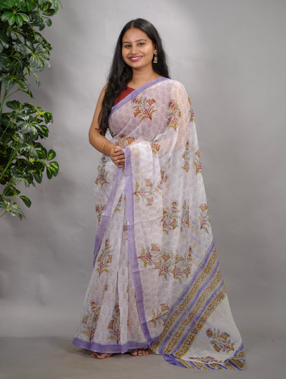 White & Lavender Hand Block Printed chiffon Saree| Looms & Tassels