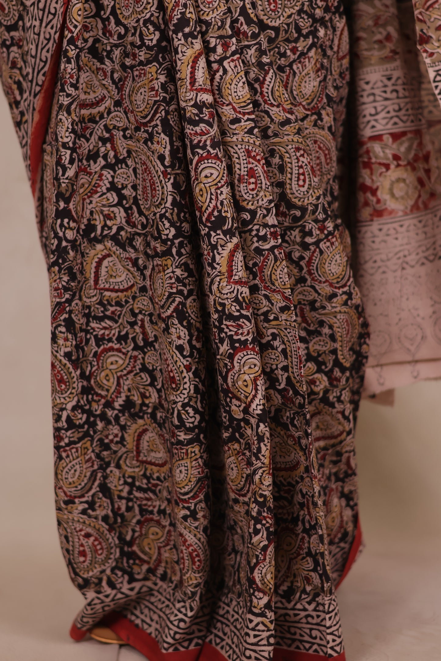 Black Hand Block Printed Kalamkari Cotton Saree | Looms & Tassels