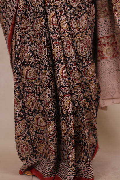 Black Hand Block Printed Kalamkari Cotton Saree | Looms & Tassels