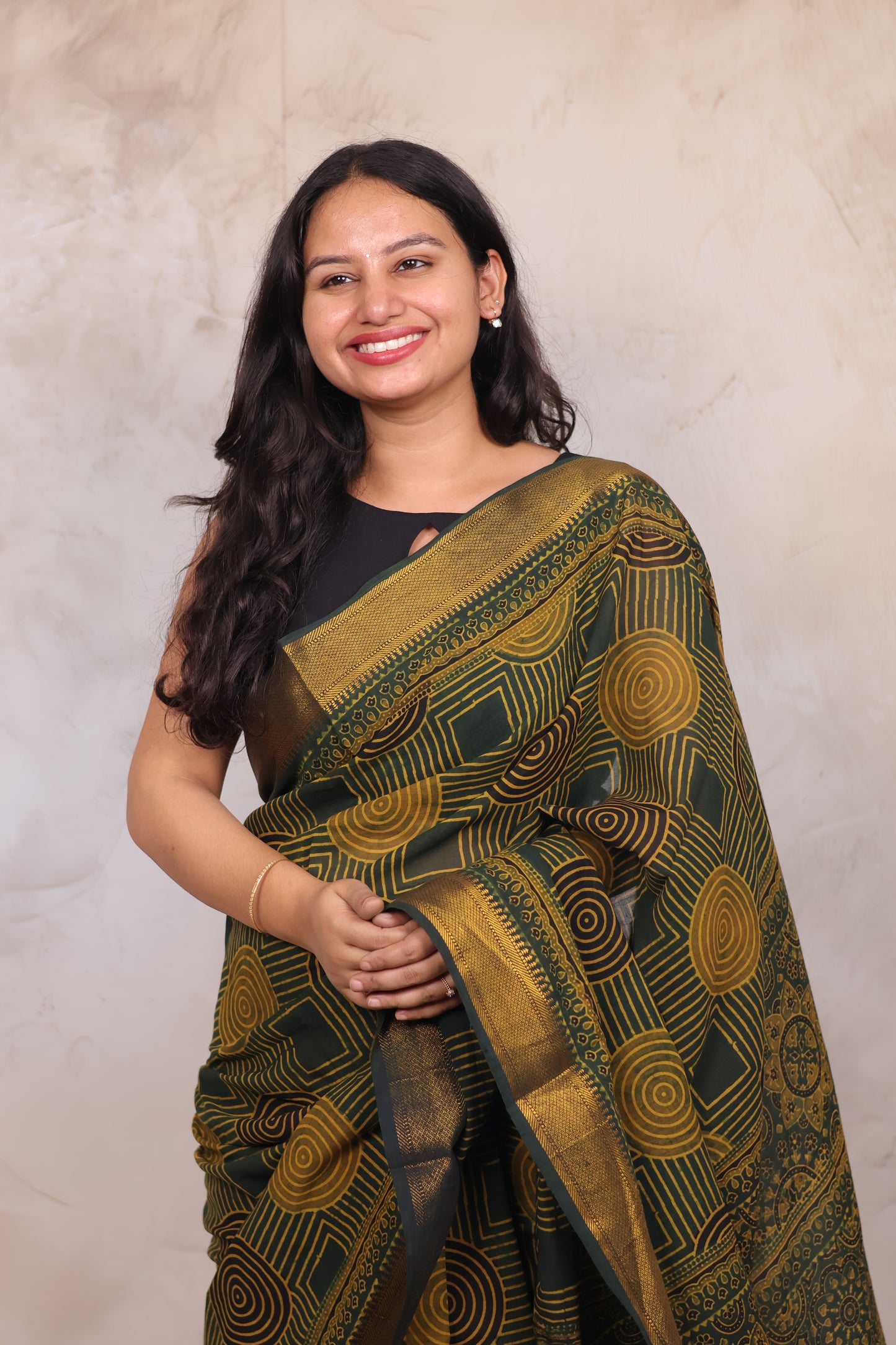 Green Ajrakh Hand Block Printed Mangalagiri Cotton Saree | Looms & Tassels