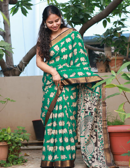 Green & Cream Elephant Kalamkari Silk Handcrafted Nizam Border Saree