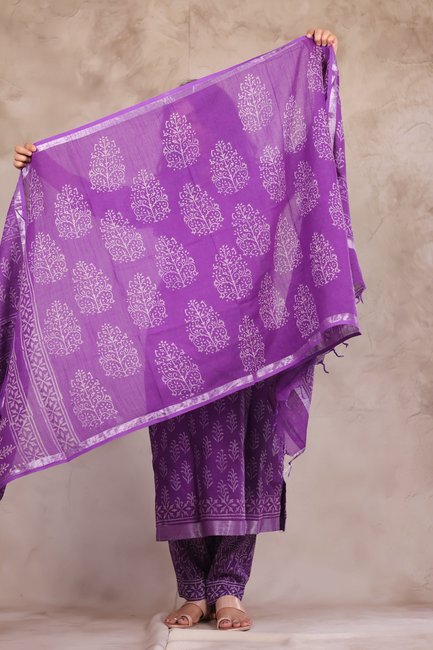 Purple Linen Cotton Handblock printed 3 piece suit (stitched)