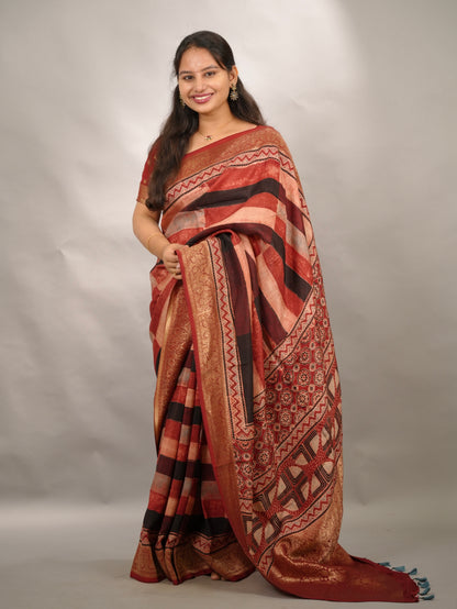 Contemporary Ajrakh Handblock printed Dola Silk Saree | Looms & Tassels