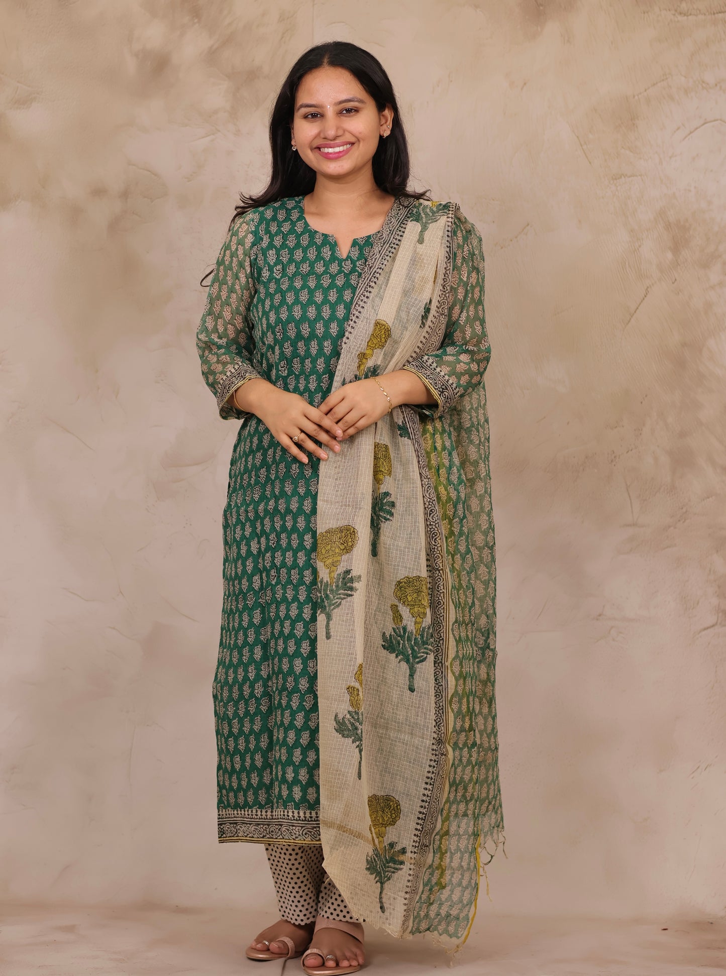 Green Handblock printed kota 3 piece suit (stitched)