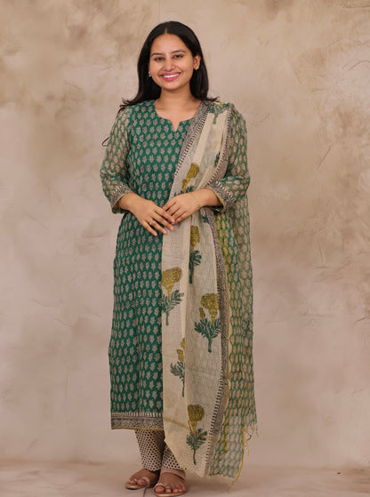 Green Handblock printed kota 3 piece suit (stitched)