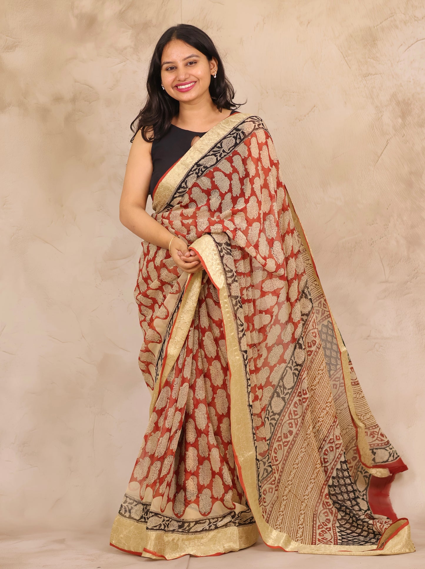 Maroon Chiffon Hand Block Printed Saree with Jari Border | Looms & Tassels